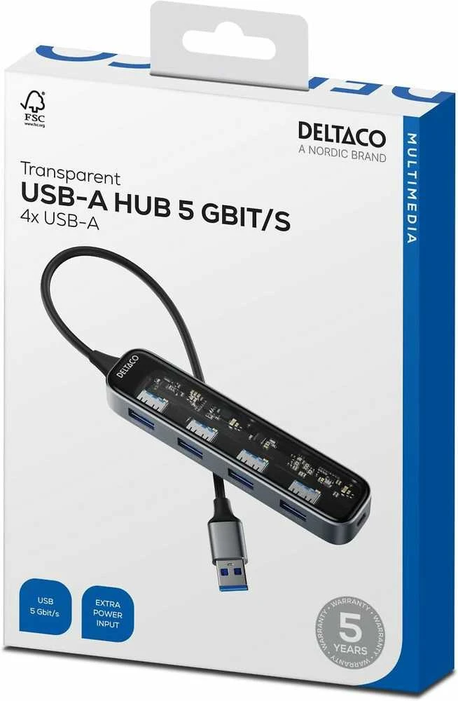 Permatomas USB-A šakotuvas DELTACO, 5 Gbps, 4x USB-A / UH-736 / 1902565