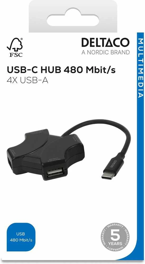 Deltaco USB-C šakotuvas su 4x USB-A jungtimis