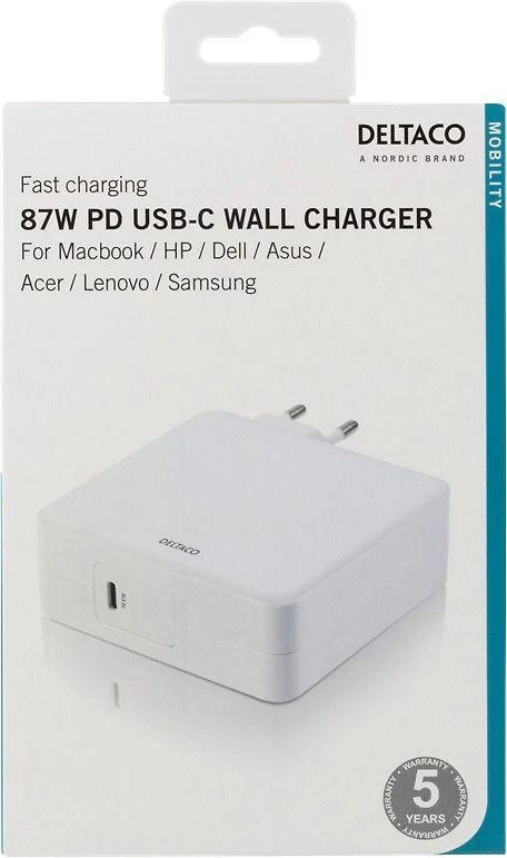 DELTACO 87W USB-C maitinimo šaltinis, greitas įkrovimas, USB-C PD, baltas / USBC-AC117