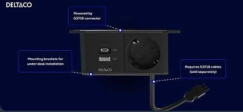Maitinimo lizdas DELTACO OFFICE, po stalu, kampinis, 1x21W A+C USB krovimas, GST18 kabelio jungtis / GT-1101 / 1902243
