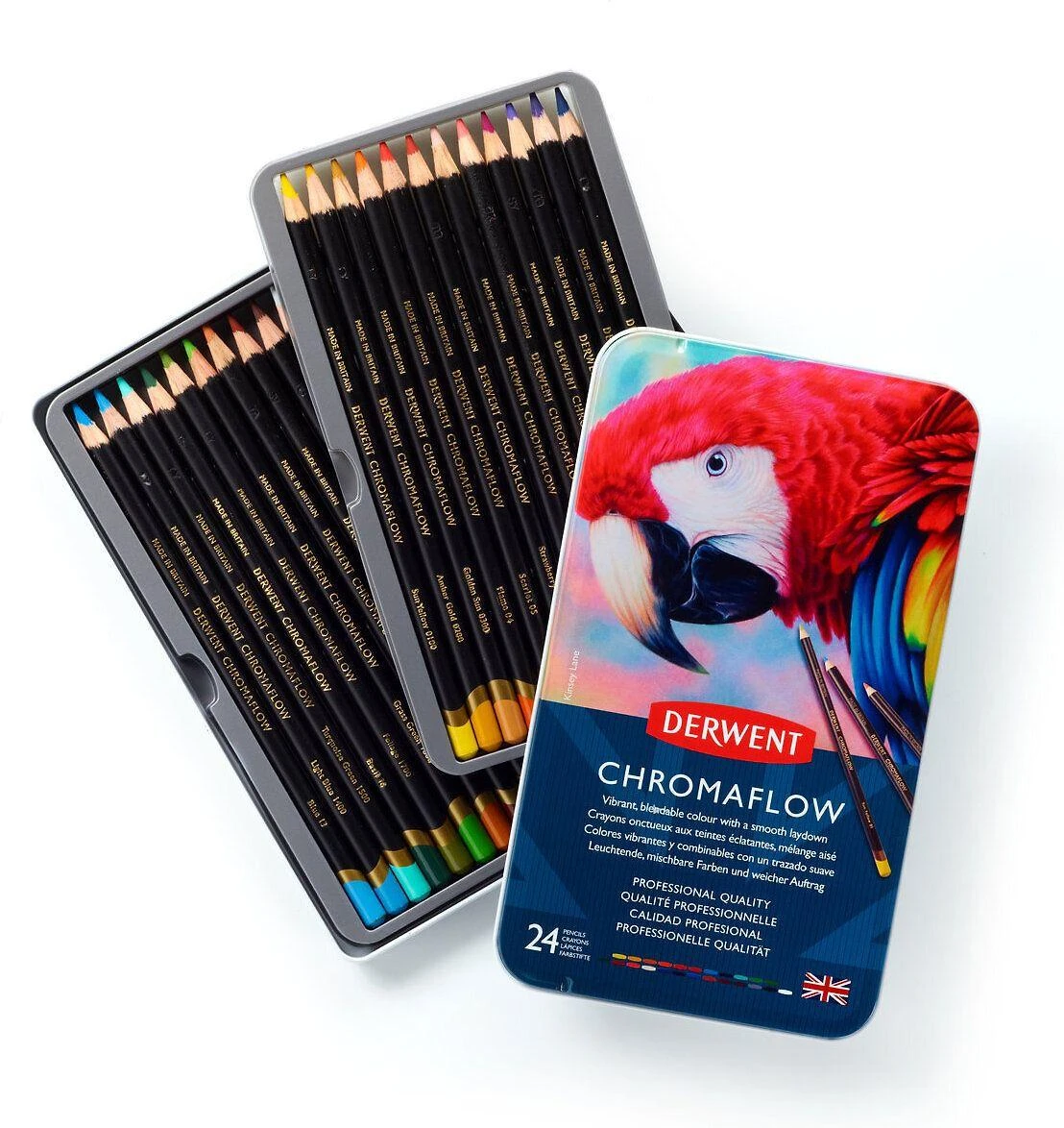 Derwent Chromaflow pieštukai, 24 vnt., metalinė dėžutė