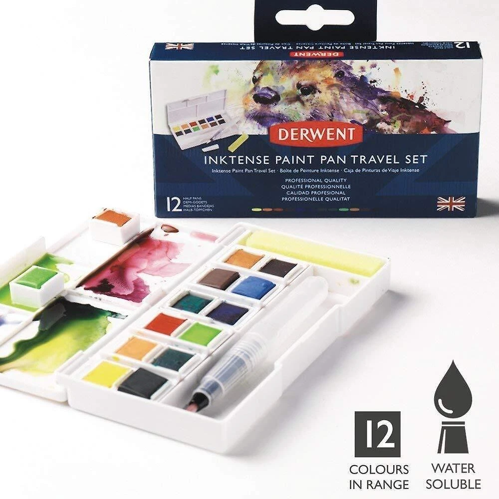 Derwent Inktense Pan Travel Set rašalo spalvos 12vnt + bako teptukas