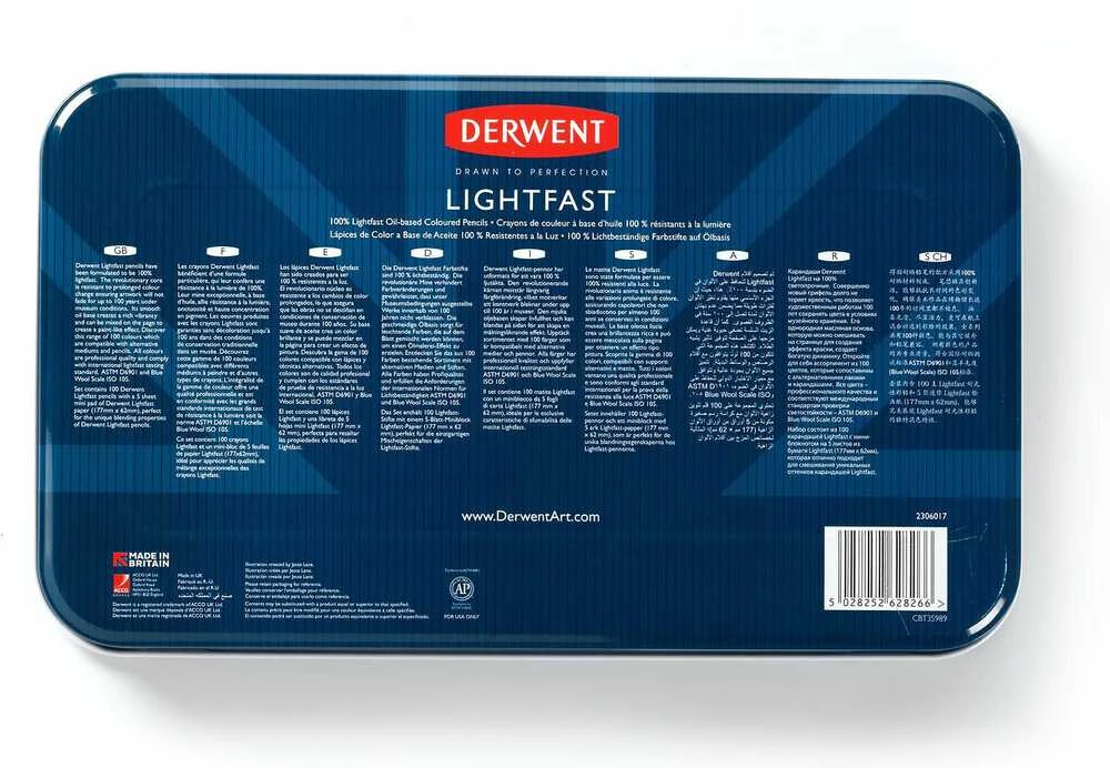 Derwent Lightfast spalvoti pieštukai 100 vnt. skardinėje dėžutėje - aliejiniai spalvoti pieštukai