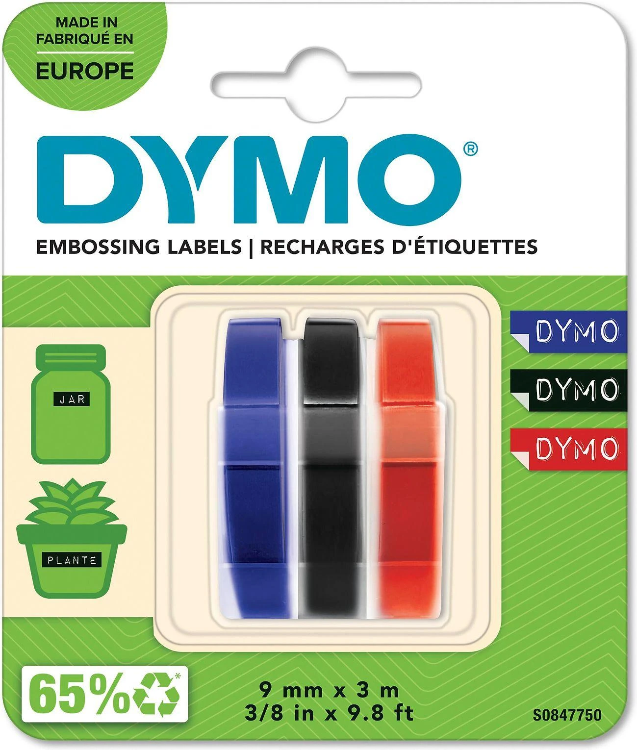 DYMO 3D Juostelės Mechaniniams Etikečių Spausdintuvams 9mm x 3m / raudona/mėlyna/juoda (S0847750)