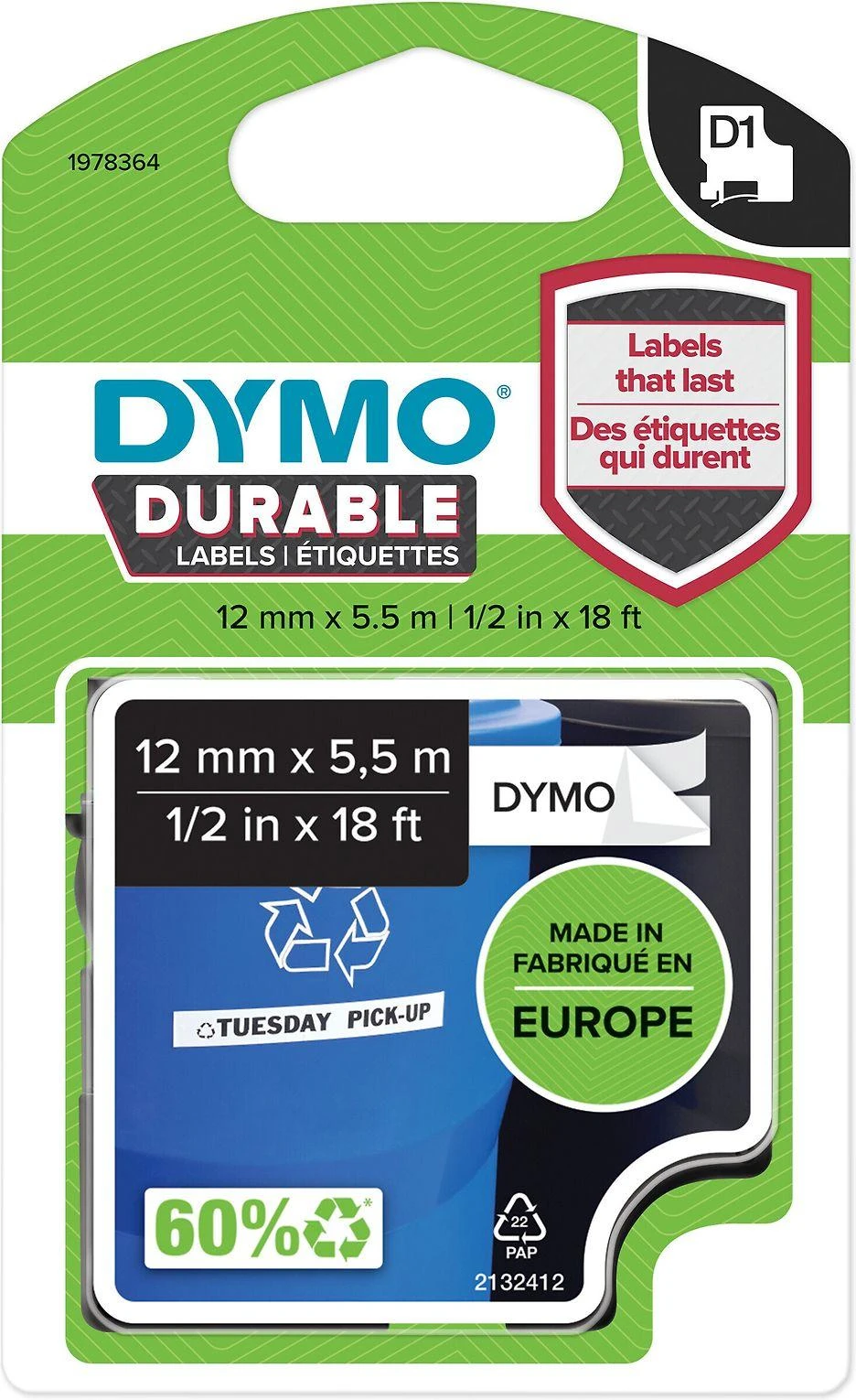 DYMO D1 Patvarus 12 mm x 5,5 M, Juodas ant Balto