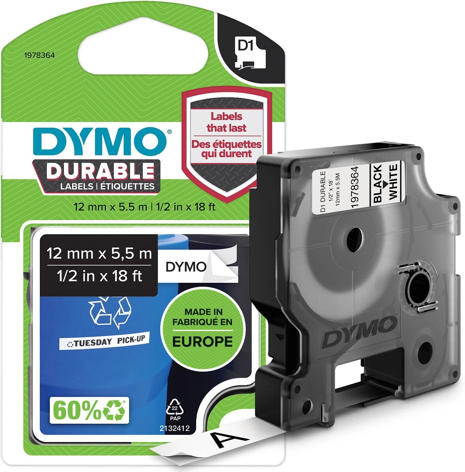 DYMO D1 Patvarus 12 mm x 5,5 M, Juodas ant Balto