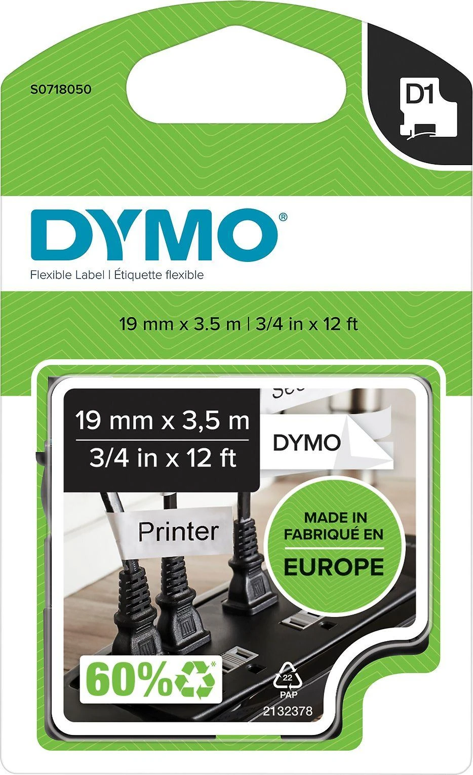 D1 ženklinimo juosta „flex nylon“ 19mm, juoda, balta, juodas tekstas ant baltos juostos, 3,5 m DYMO / 16958
