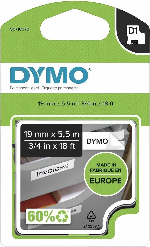 D1, žymėjimo juosta poliesteryje, 19 mm, juodas tekstas ant baltos juostos, 5,5 m DYMO / 16960