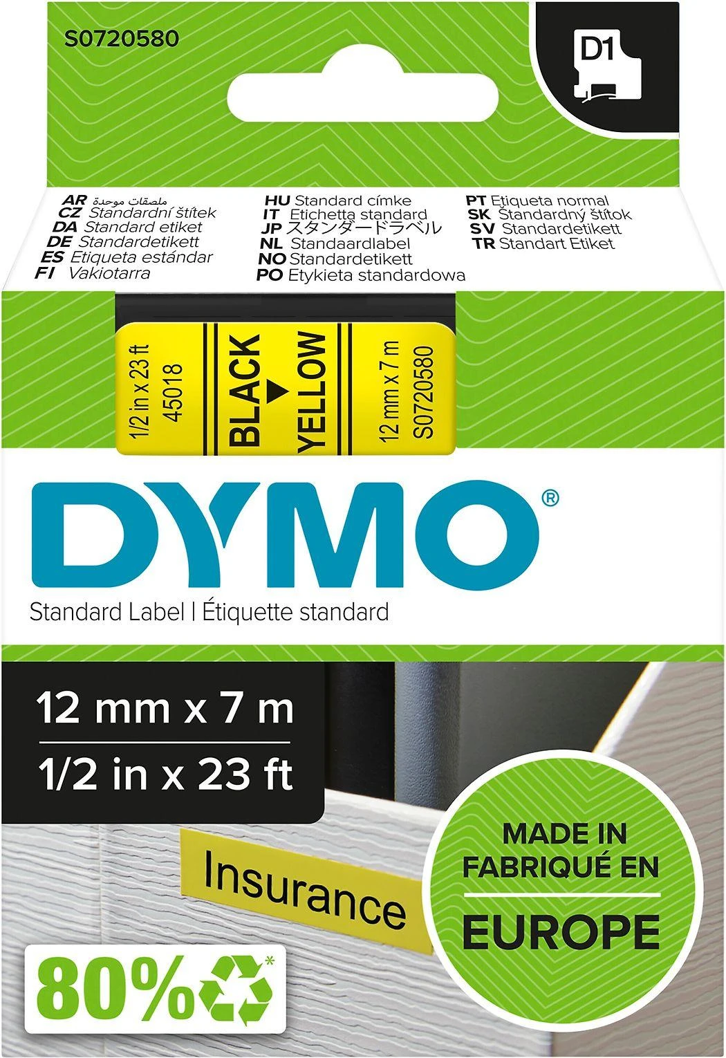 Juostelė DYMO D1 12mm x 7m, vinilinė, juoda ant geltono / S0720580 45018