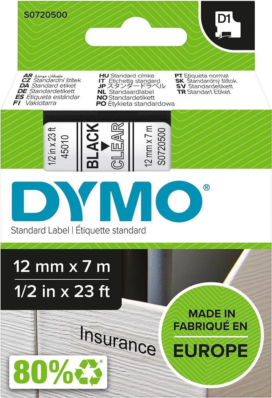 Juostelė DYMO D1 12mm x 7m, vinilinė, juoda ant permatomo / S0720500 45010