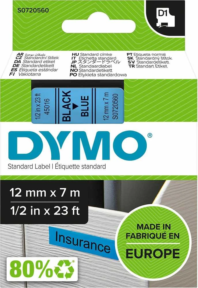 Juostelė DYMO D1 12mm x 7m, Juodai ant Mėlyno