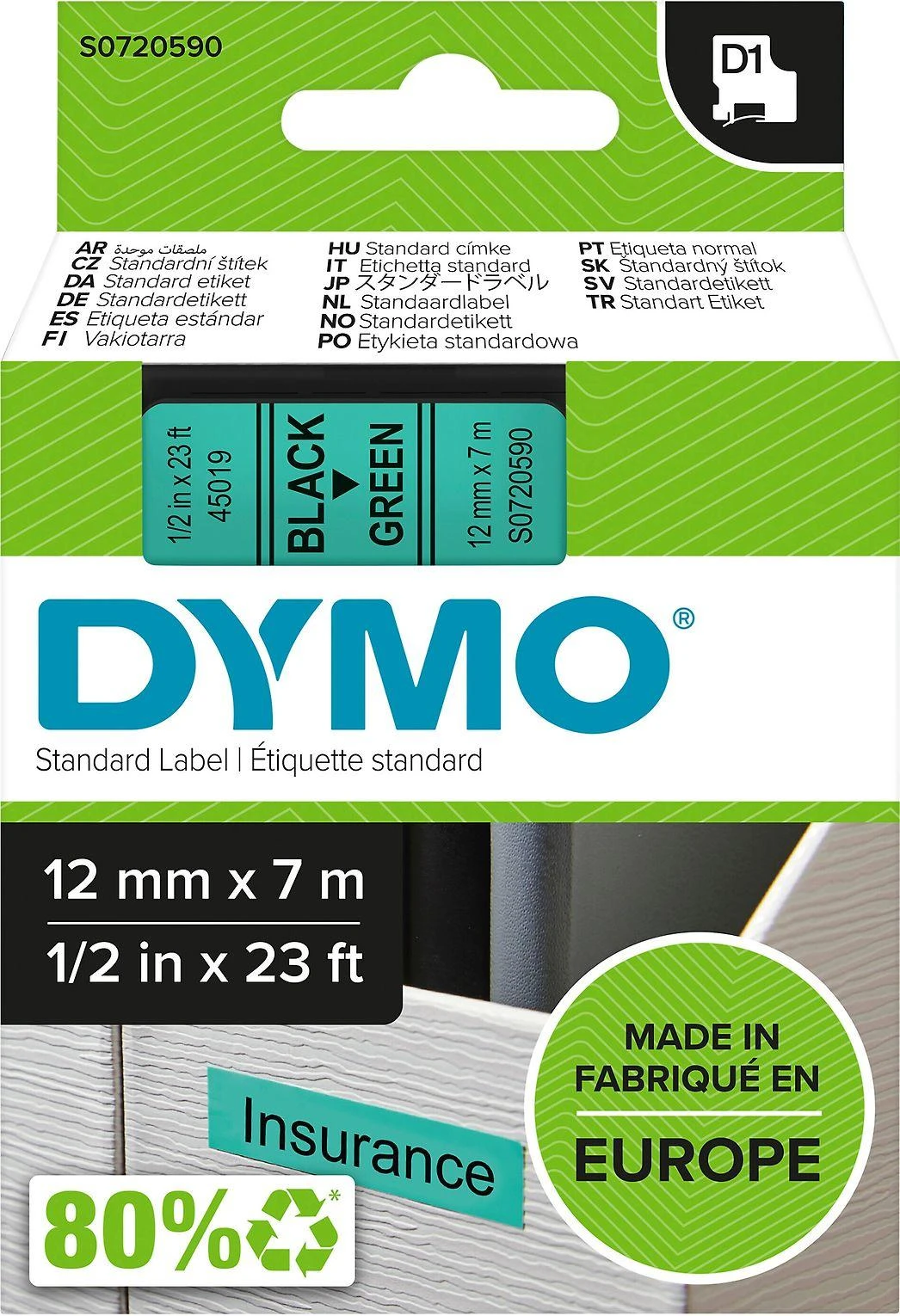 Juostelė DYMO D1 12mm x 7m, vinilinė, juoda ant žalio / S0720590 45019