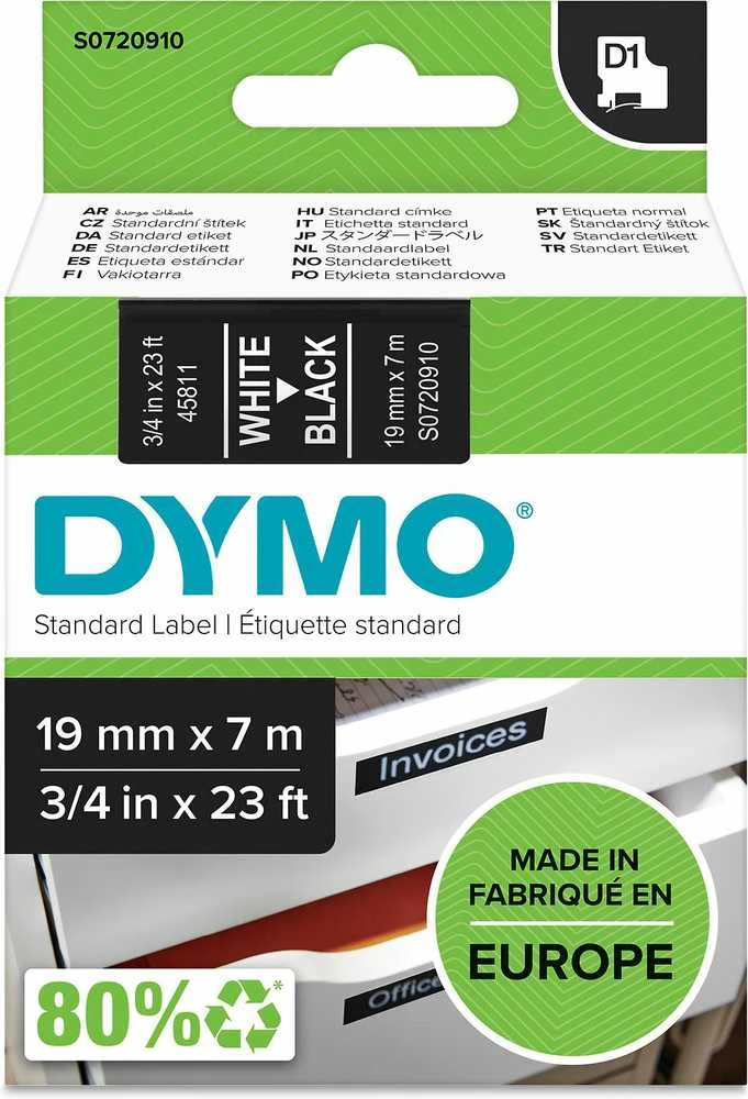 D1, žymėjimo juosta, 19mm, baltas tekstas ant juodo juostos, 7m - 45811 DYMO / S0720910