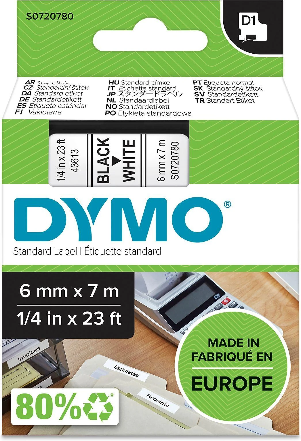 Juostelė DYMO D1, 6 mm x 7 m, Juodas šriftas/BALTA juosta