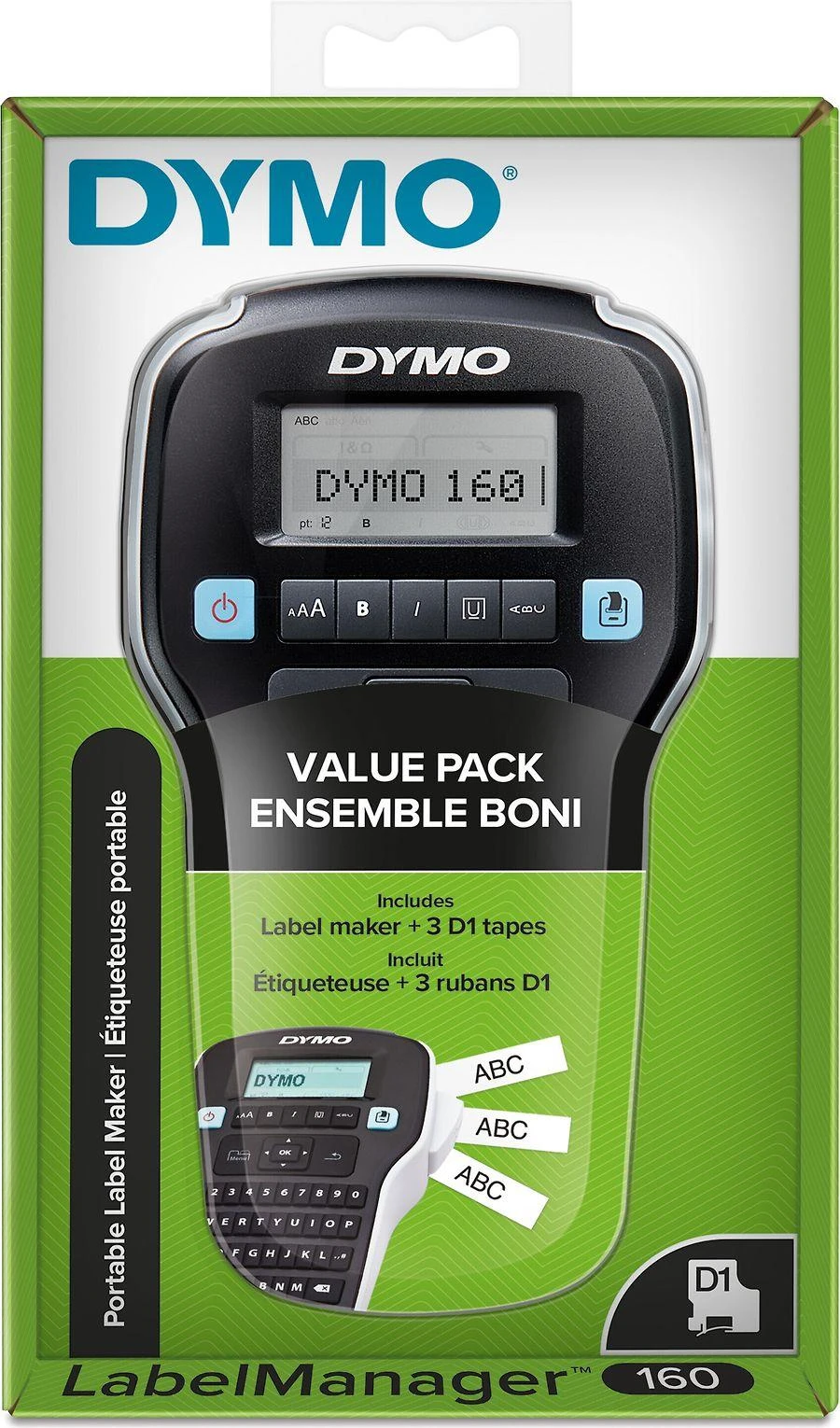 DYMO LabelManager 160 etikečių spausdintuvo pradinis rinkinys su 3 D1 etikečių juostos ritinėliais | Nešiojamasis etikečių spausdinimo aparatas | QWERTY klaviatūra | Idealiai tinka biurui ar namams