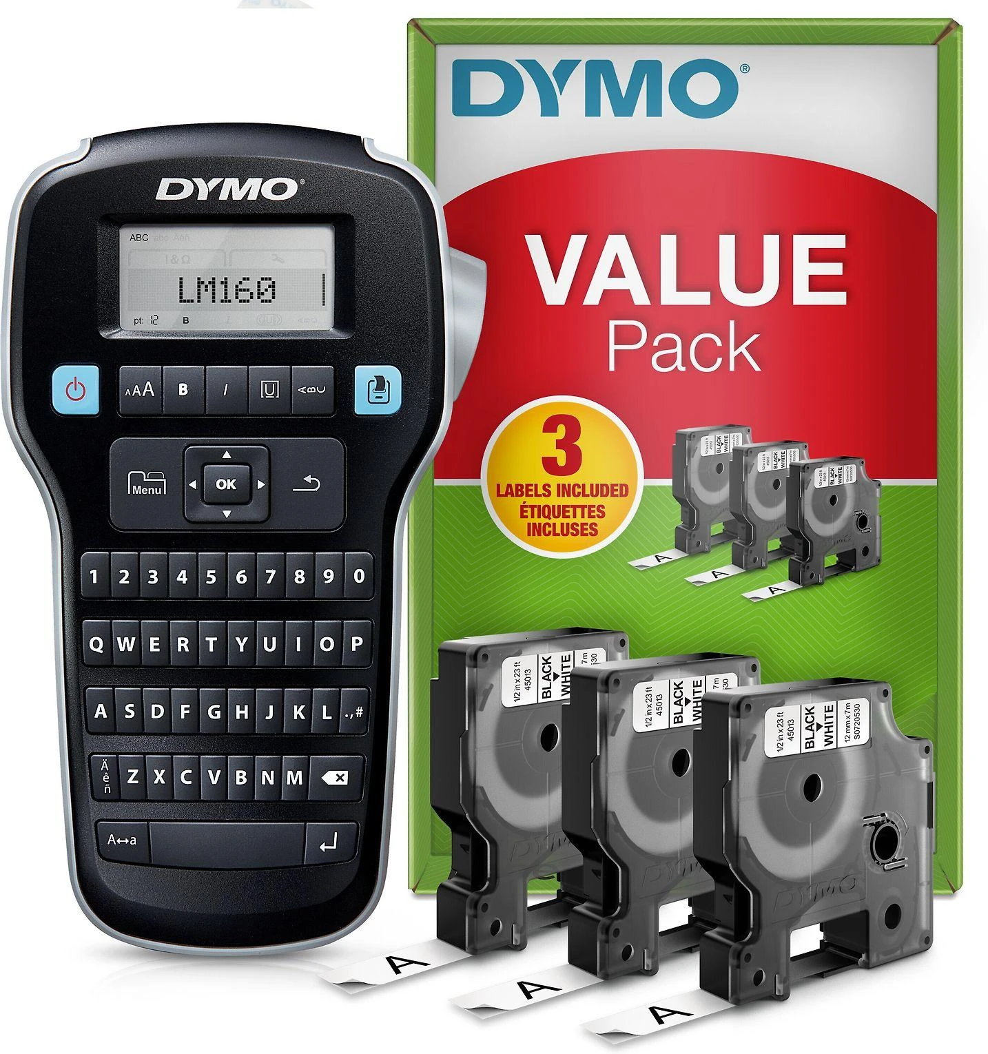 DYMO LabelManager 160 etikečių spausdintuvo pradinis rinkinys su 3 D1 etikečių juostos ritinėliais | Nešiojamasis etikečių spausdinimo aparatas | QWERTY klaviatūra | Idealiai tinka biurui ar namams