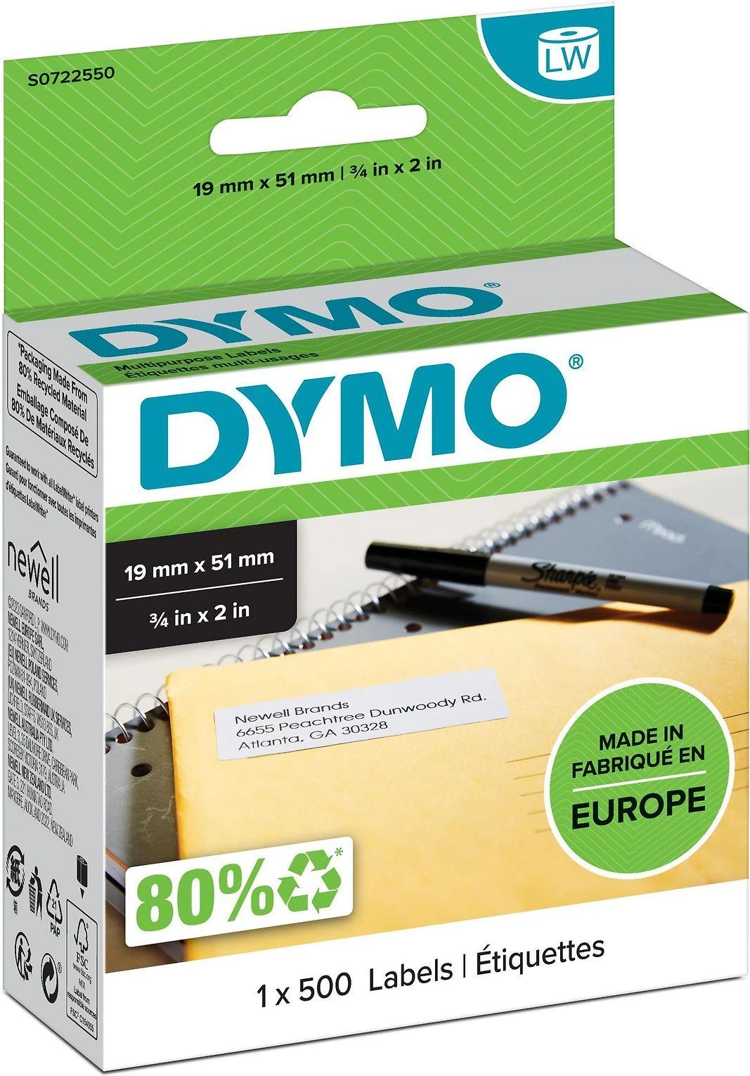 Etiketės DYMO LabelWriter 19x51 mm, 500 vnt. / S0722550 11355