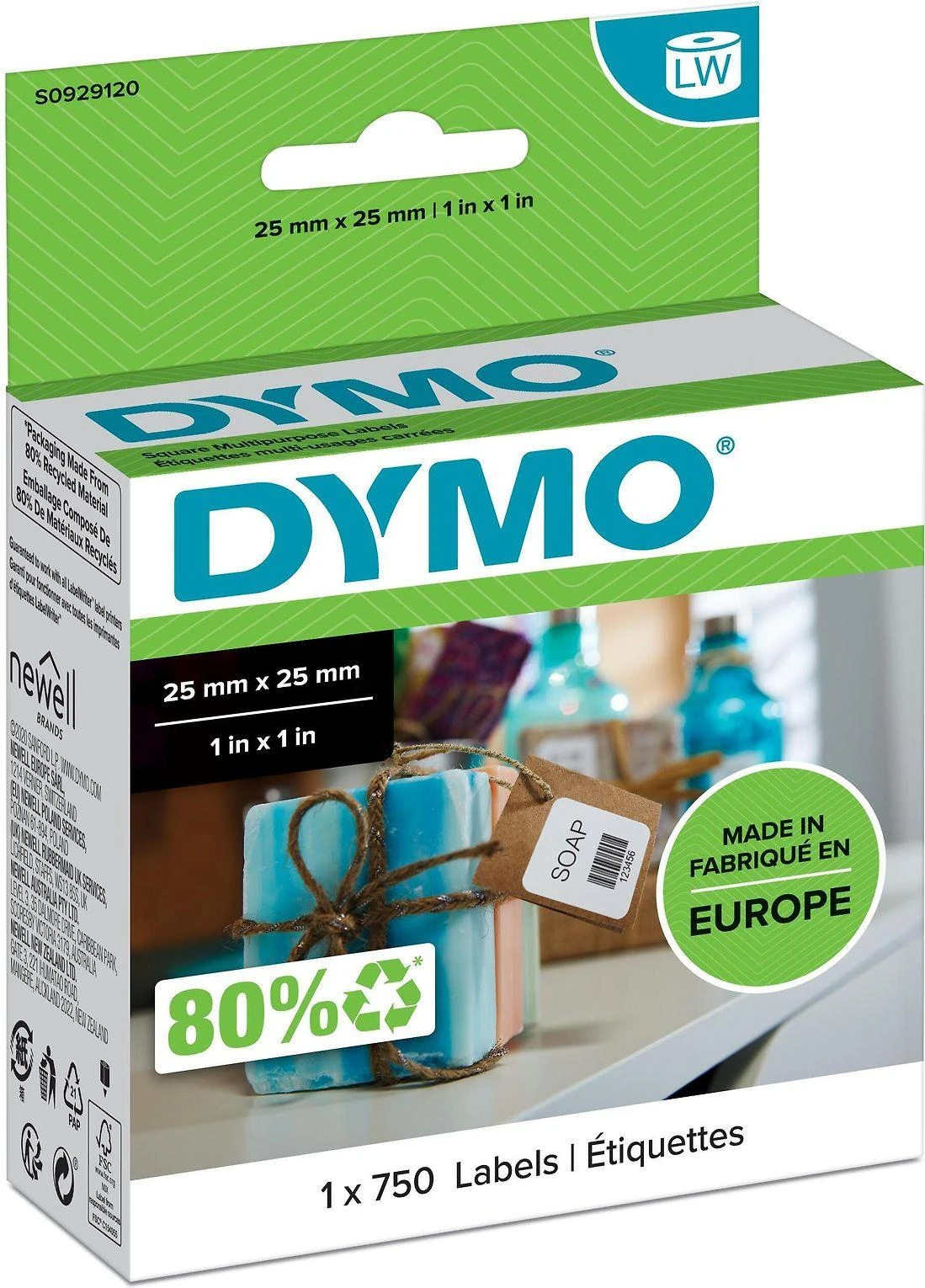 DYMO LabelWriter kvadratinės universalios etiketės, 25x25mm, 750vnt, baltas S0929120