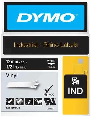 DYMO Rhino Professional, pastebima nuolatinė vinilo juosta, 12mm, baltas tekstas ant juodos juostos, 5,5m 1805435