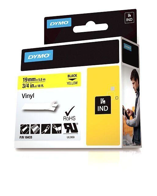 Juostelė DYMO Rhino 19mm x 5.5m, vinilinė, juoda ant geltono / S0718470 18433