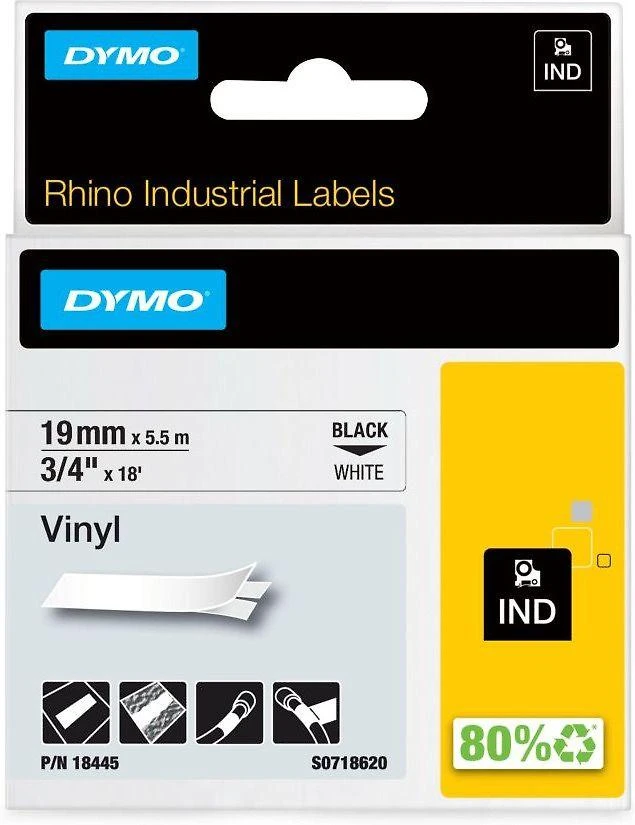 Juostelė DYMO Rhino 19mm x 5.5m, vinilinė, juoda ant balto / S0718620 18445