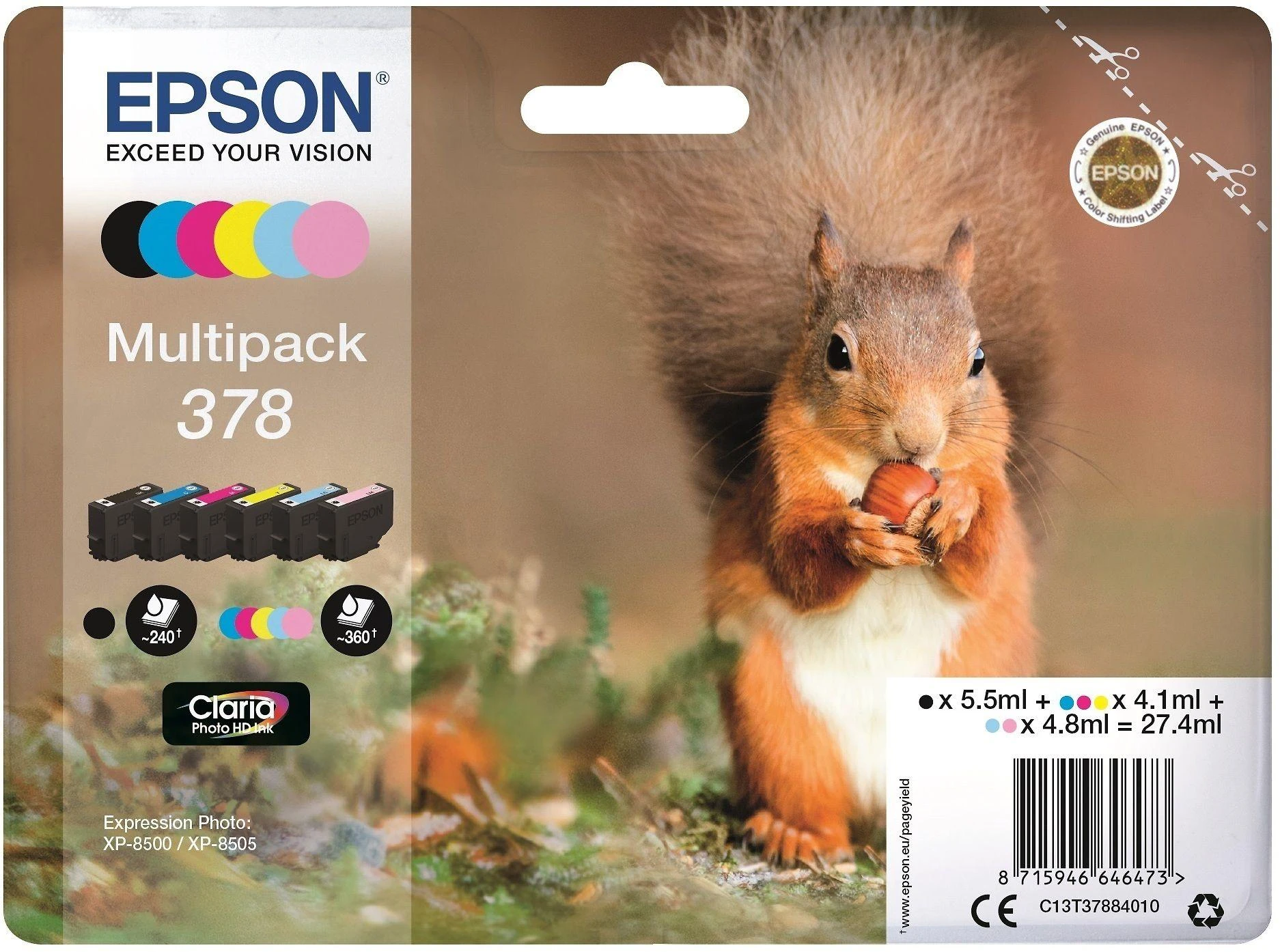 Epson Squirrel C13T37884010 rašalo kasetė Originalus Juoda, Žydras, Šviesus Cyan, Šviesi Magenta, Rausvai raudona, Geltona 1 vnt