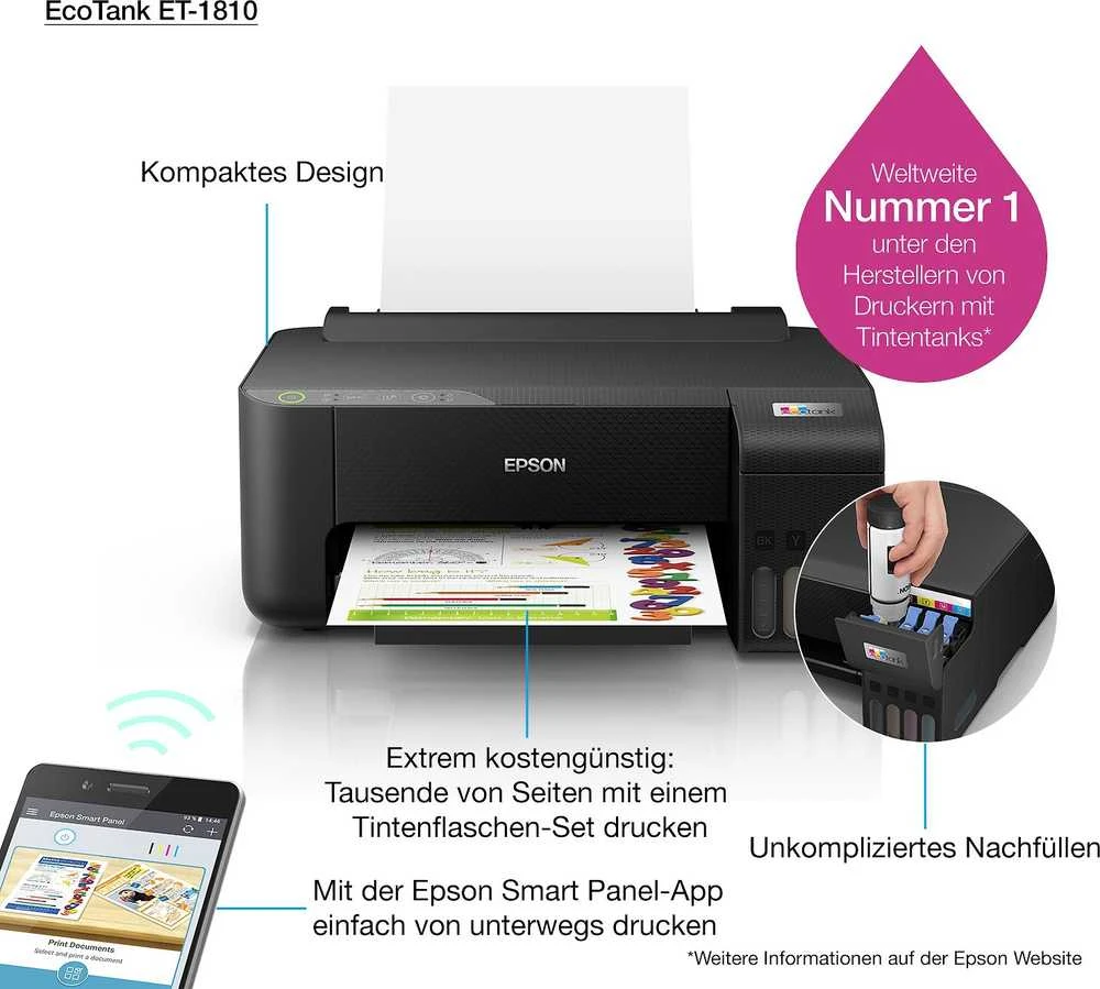 Spausdintuvas - Epson EcoTank ET-1810 Belaidis Rašalinis su 100 lapų Dėklu