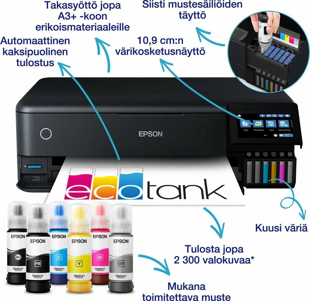 Daugiafunkcis nuotraukų spausdintuvas Epson EcoTank ET-8550, A3+, spausdinimas / kopijavimas / skenavimas, 6 spalvų rašalas, papildoma rašalo talpykla, Wi-Fi