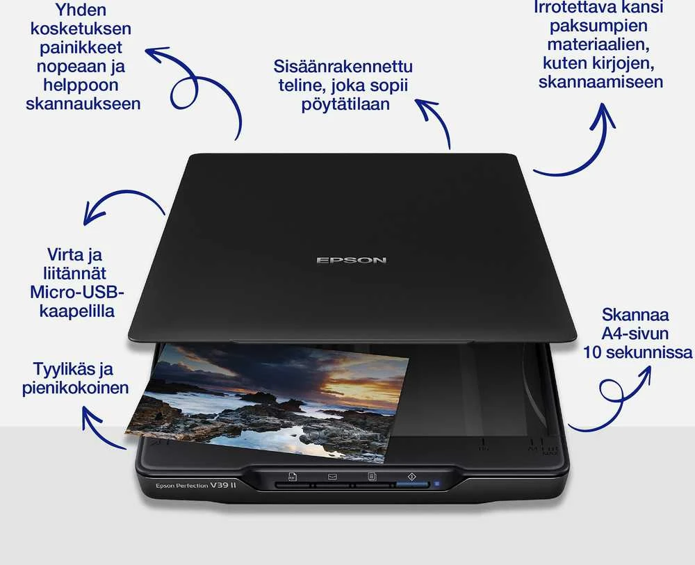 Epson „Perfection“ V39II A4 formato plokščio paviršiaus nuotraukų ir dokumentų skaitytuvas su stovu