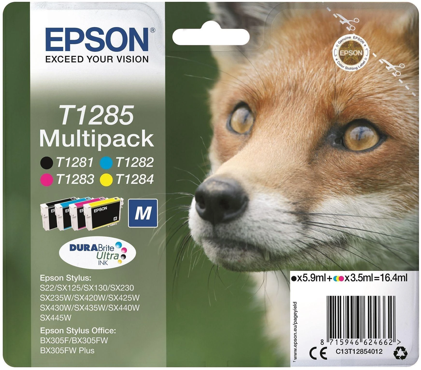 EPSON T1285 rašalo kasetė juoda ir trispalvė standartinė talpa 5,9 ml ir 3 x 3,5 ml 4 pakuočių lizdinė plokštelė be signalizacijos