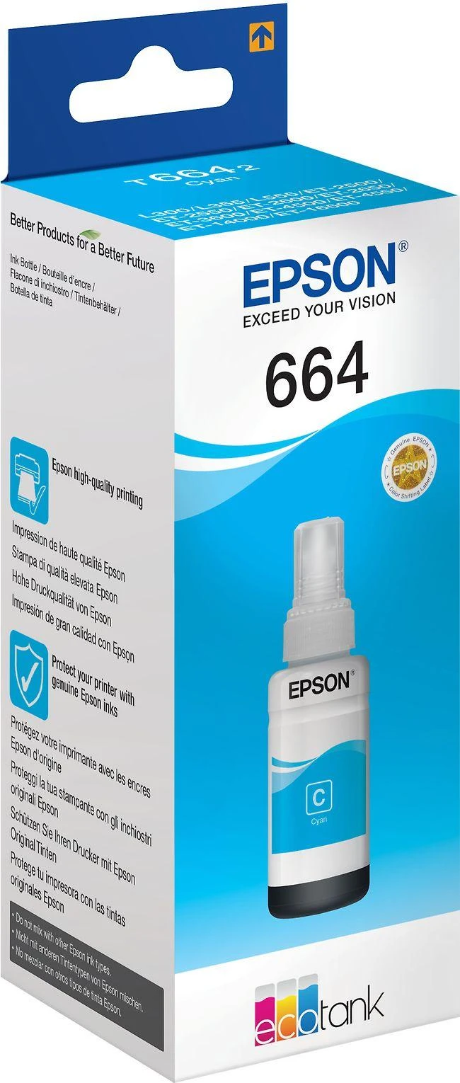 Epson T664 EcoTank -mustepullo, syaani