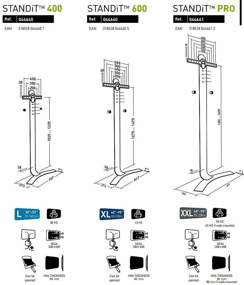 Erard STANDiT 400 sieninis laikiklis išoriniams įrenginiams nuo 76,2 cm (30 colių) iki 132,1 cm (52 colių) 30 kg