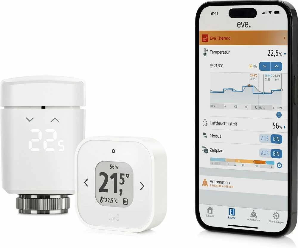 Eve Systems Eve Thermo Comfort Set – rinkinys, kuriame yra Eve Thermo ir Eve Thermo Control (Matter technologija)