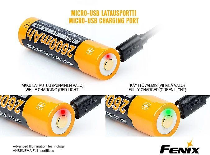 Fenix 18650 akumuliatorius su USB krovimo indikacija