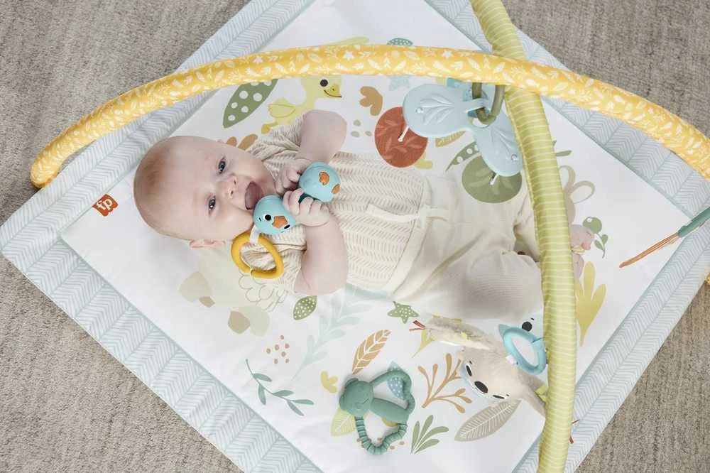 Mattel Fisher-Price Simply Senses naujagimio mankštos kilimėlis su 6 sensoriniais žaisliukais