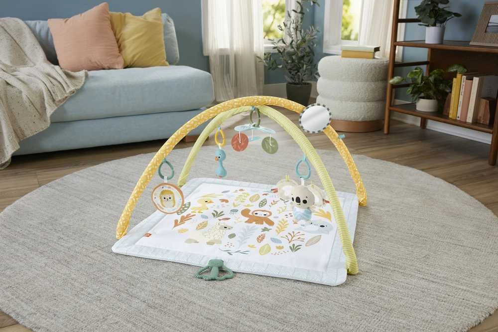 Mattel Fisher-Price Simply Senses naujagimio mankštos kilimėlis su 6 sensoriniais žaisliukais