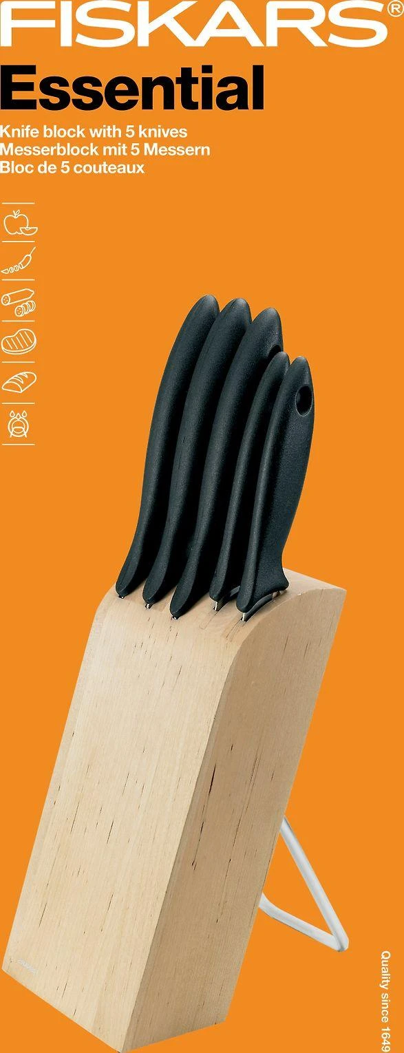 Fiskars "Essential" penkių peilių rinkinys su dėklu