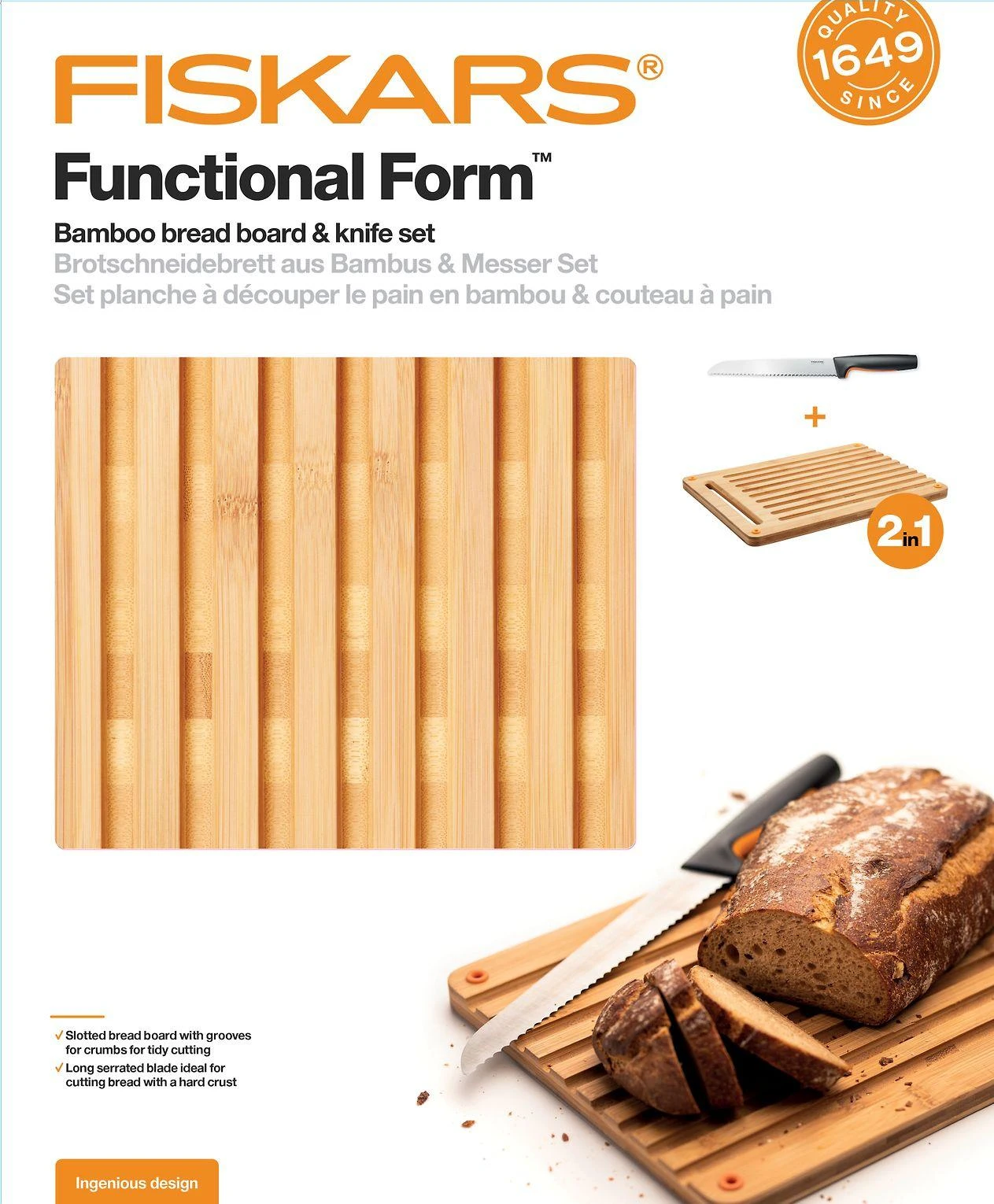 Fiskars Functional Form bambukinės lentelės duonai ir duonos peilio komplektas 1057551