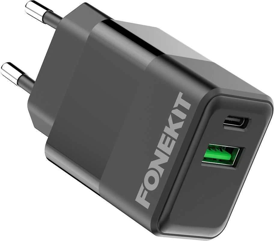 FoneKit Double 20 W pikalaturi, USB-C + USB-A, musta
