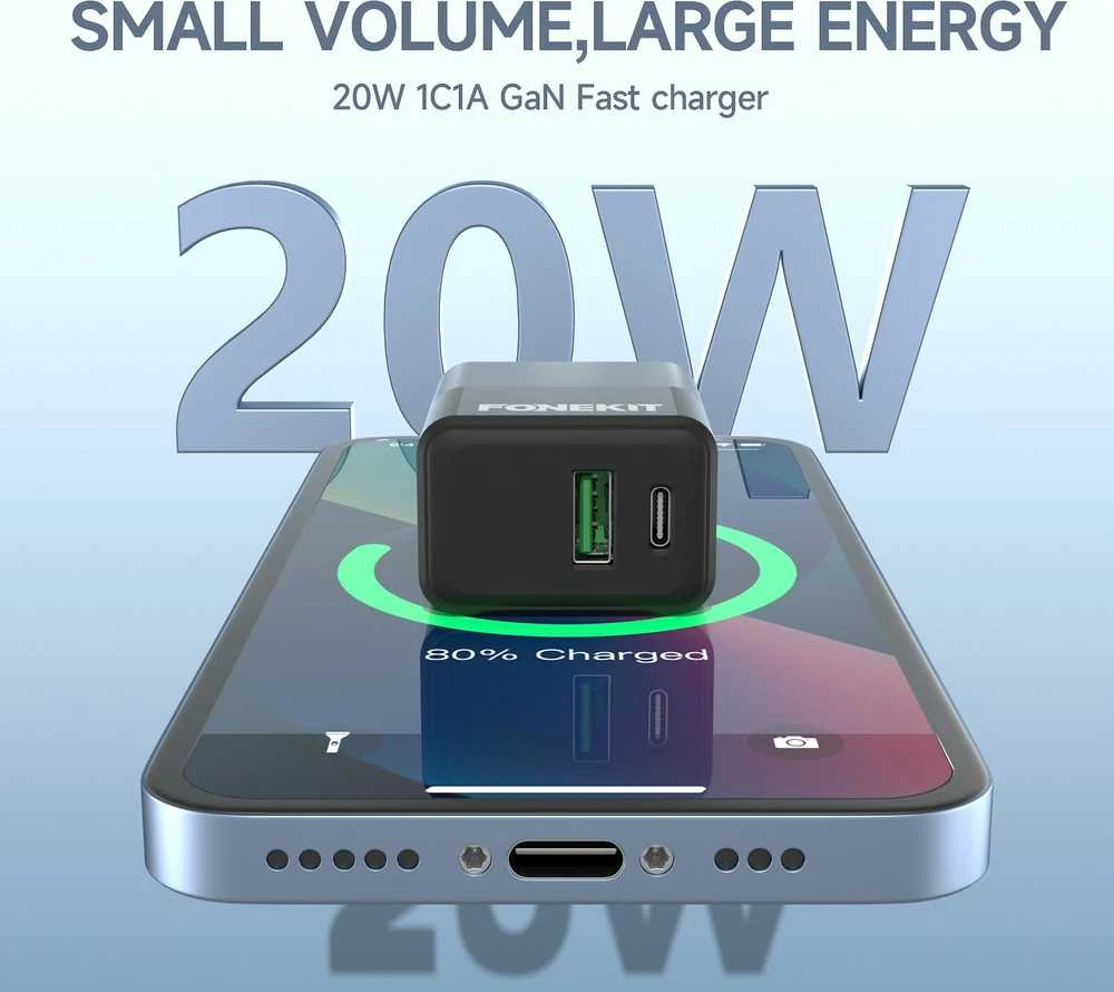 FoneKit Double 20 W pikalaturi, USB-C + USB-A, musta