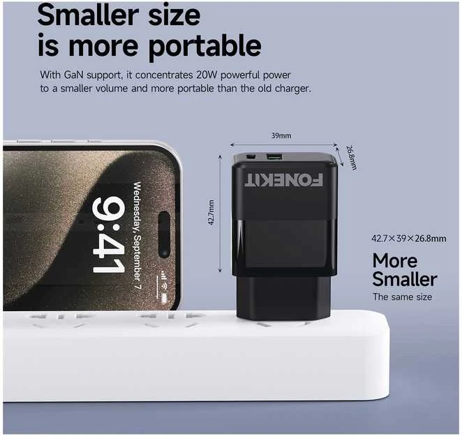 FoneKit Double 20 W pikalaturi, USB-C + USB-A, musta