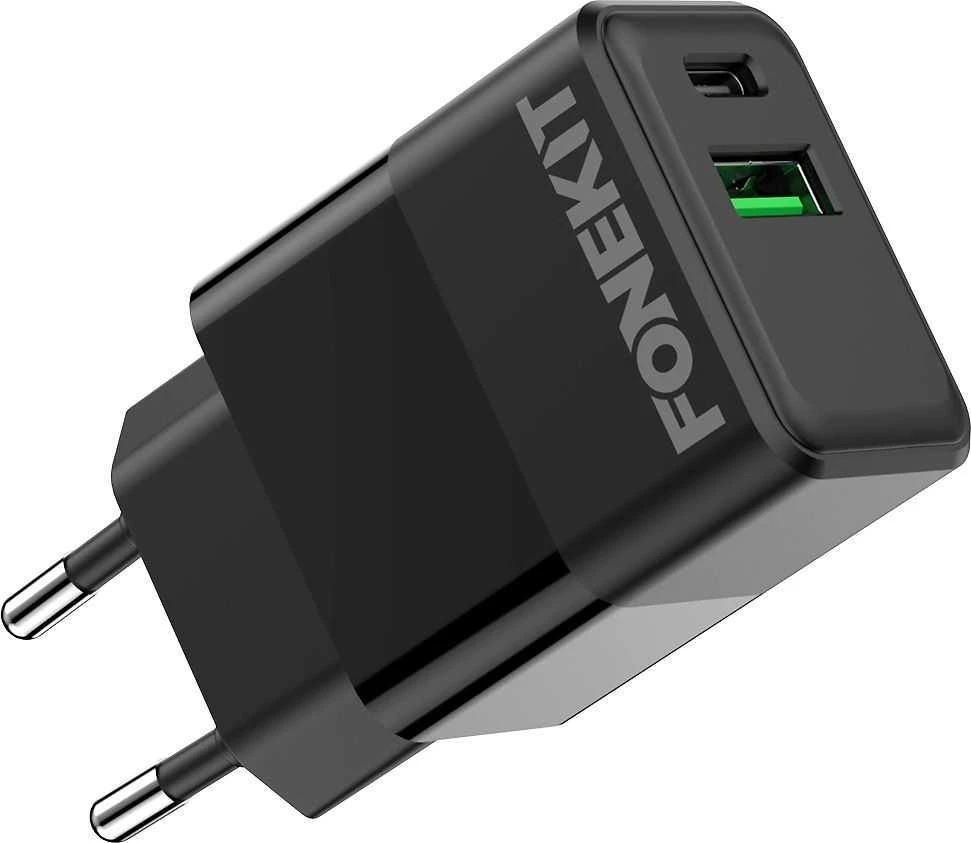 FoneKit Double 20 W pikalaturi, USB-C + USB-A, musta