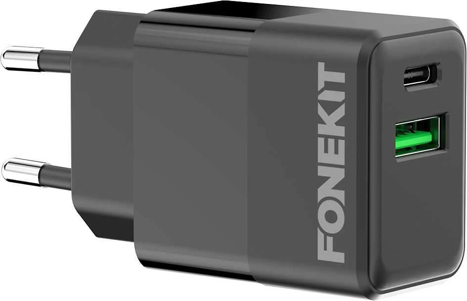 FoneKit Double 20 W pikalaturi, USB-C + USB-A, musta