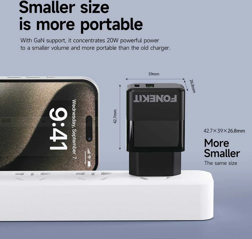 FoneKit Double 20 W pikalaturi, USB-C + USB-A, musta