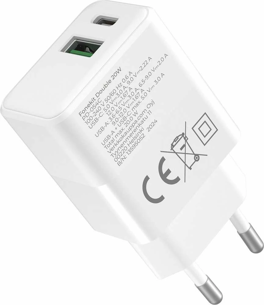 FoneKit Double 20 W pikalaturi, USB-C + USB-A, valkoinen