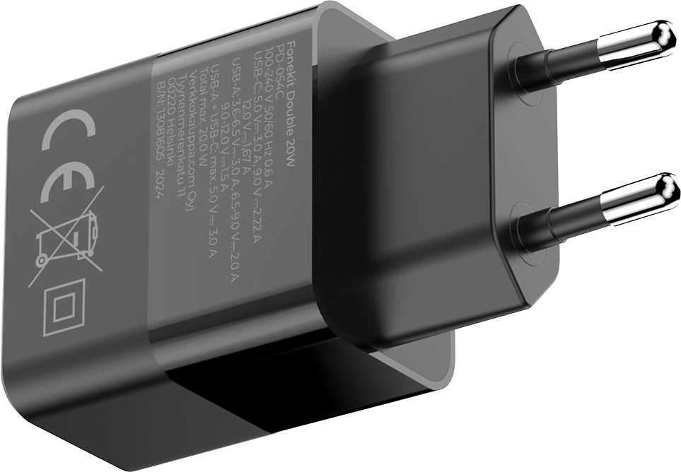 FoneKit Double 20 W pikalaturi, USB-C + USB-A, musta
