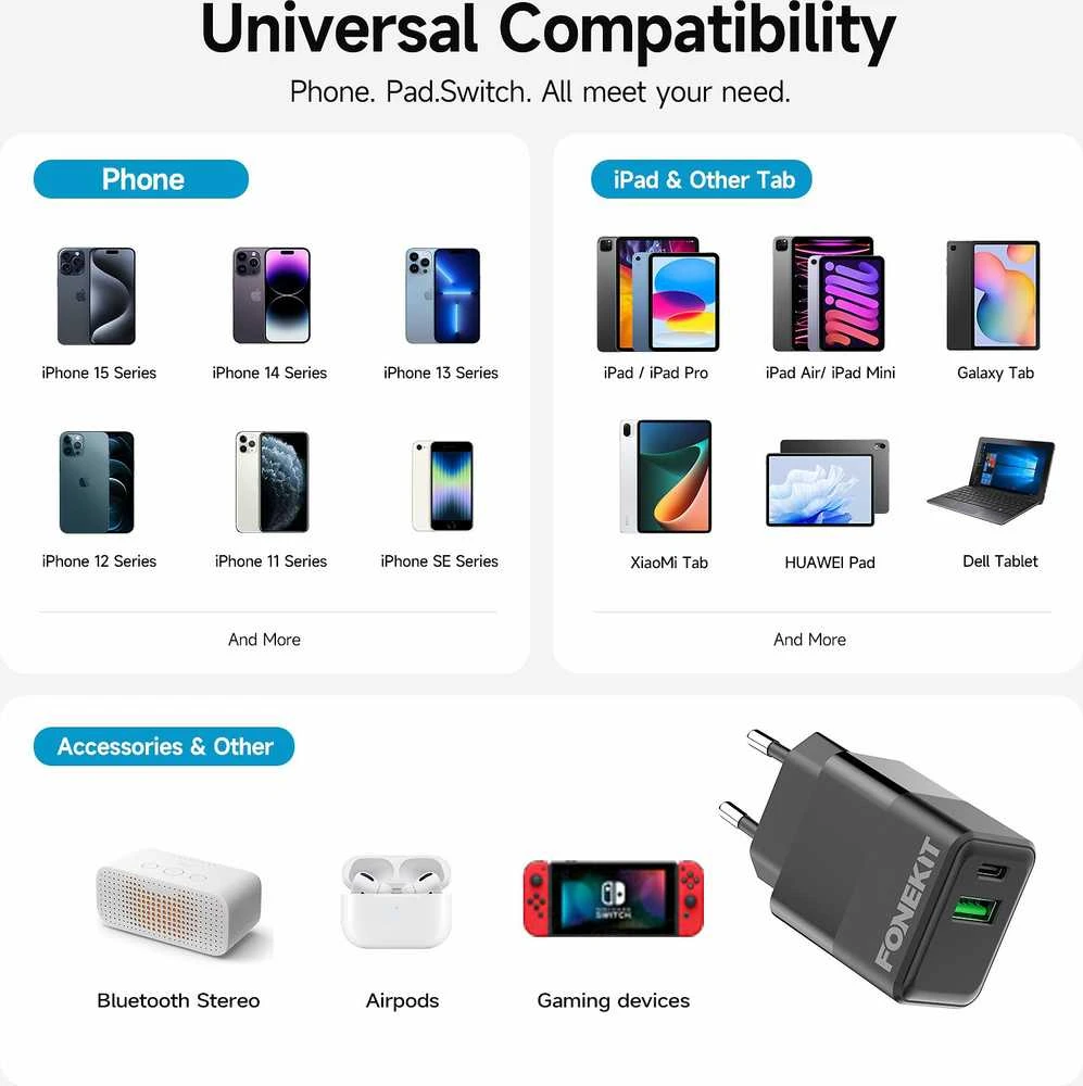 FoneKit Double 20 W pikalaturi, USB-C + USB-A, musta