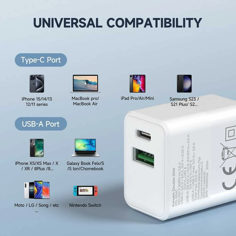 FoneKit Double 20 W pikalaturi, USB-C + USB-A, valkoinen