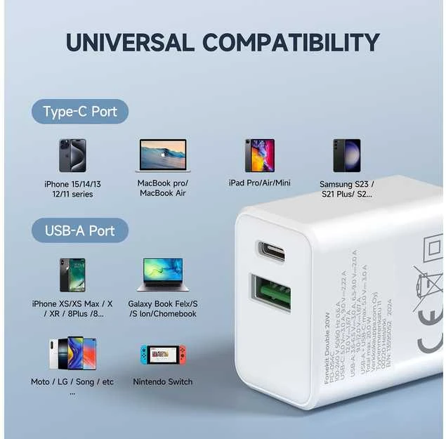 FoneKit Double 20 W pikalaturi, USB-C + USB-A, valkoinen