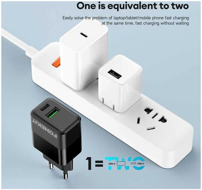 FoneKit Double 20 W pikalaturi, USB-C + USB-A, musta